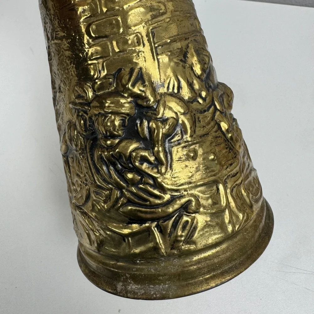 Vintage Brass Water Pitcher Jug Embossed Tavern Scene Made In Holland Decor‎